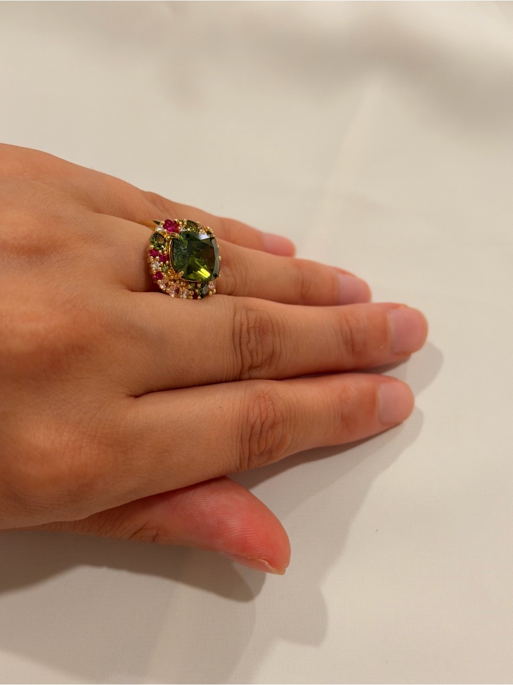 Gold Ring with Olive Green Center and Pink Accents - Picture 11 of 12